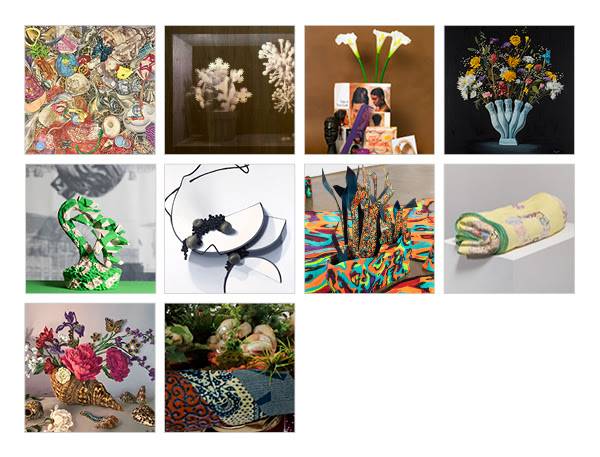 ten square images of details from contemporary artists' works on the theme of "still life" featuring objects including flowers, textiles, ceramics, and abstractsions of natural forms